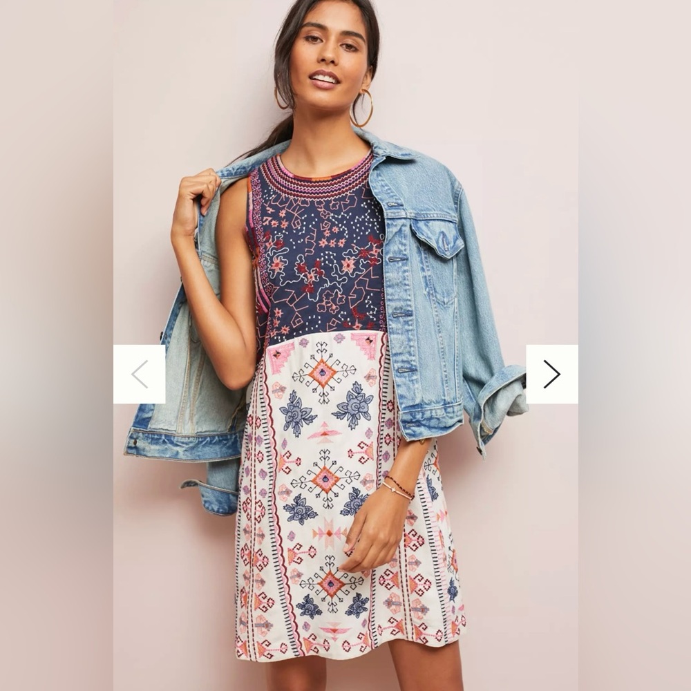 Anthropologie Navy and Pink Printed Mini Dress size 8